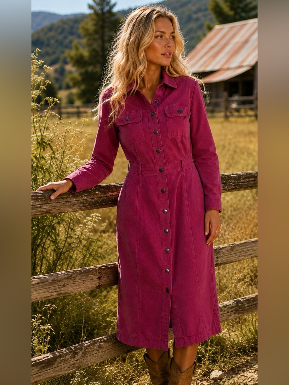 LOFT Petites 4 P S Magenta Corduroy Shirt Dress Midi Utility Button Front Cotton